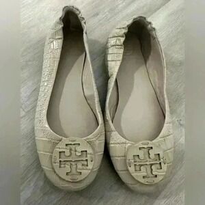 Tory Burch Minnie Travel Ballet Flats Women 5M Cream Croc Embossed Excellent
